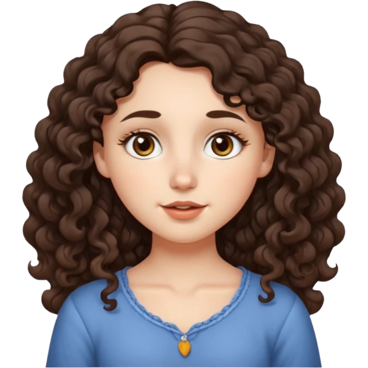 Aesthetic white girl with long curl hair color dark brown (almost black, but more brownish), big almond shape eyes color brown, small wide nose, natural lips, sweet expression. Dressed with a  cute top emoji
