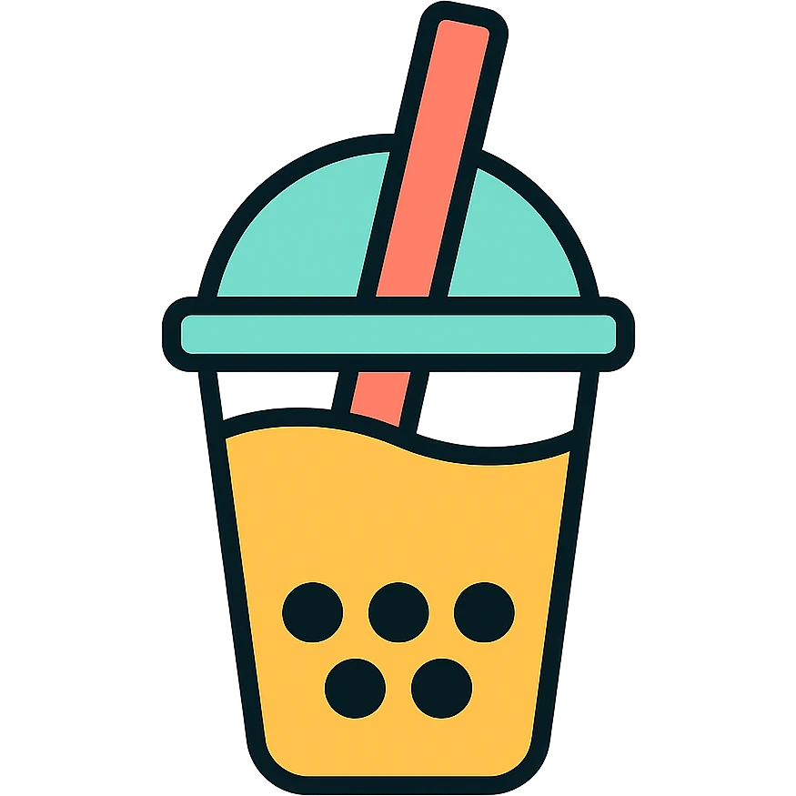 colorful outlined icon of a boba tea cup with straw and pearls emoji