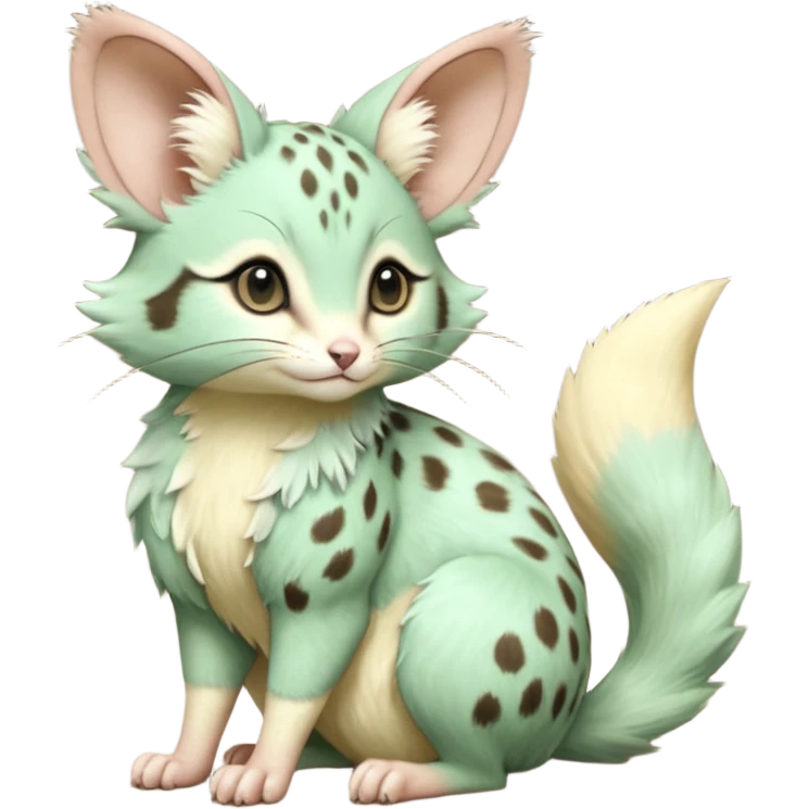 Light-green, soft realistic romantic vintage antique divine beautiful elegant pretty precious cute young youthful  Fakémon-Pokémon-opossum-feline-mouse-serval-caracal-chinchilla-Minccino-Cinccino-Meowstic-rodent-hybrid-creature with a big fluffy bushy tail (full body) emoji