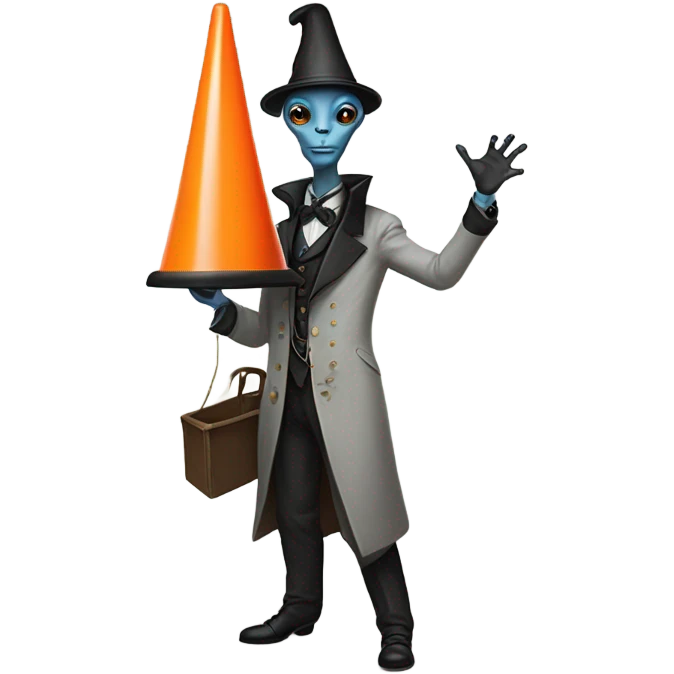 alien galora in Victorian dress elegant, full body, holding big traffic cone emoji