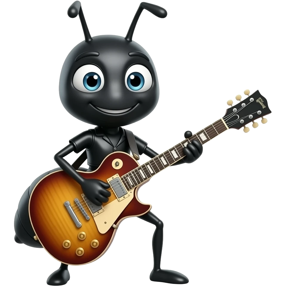 CARICATURA DE UNA HORMIGA TOCANDO GUITARRA ELECTRICA VESTIDA DE CUERO NEGRO emoji