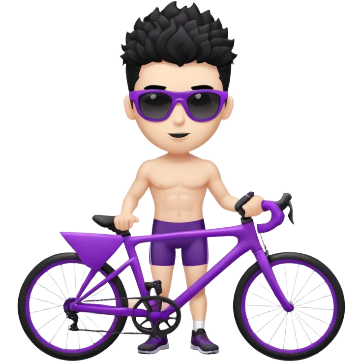 shirtless male athlete with white skin and moderately curly black hair on top with shaved sides, wearing purple bike sunglasses with black tinted lenses emoji