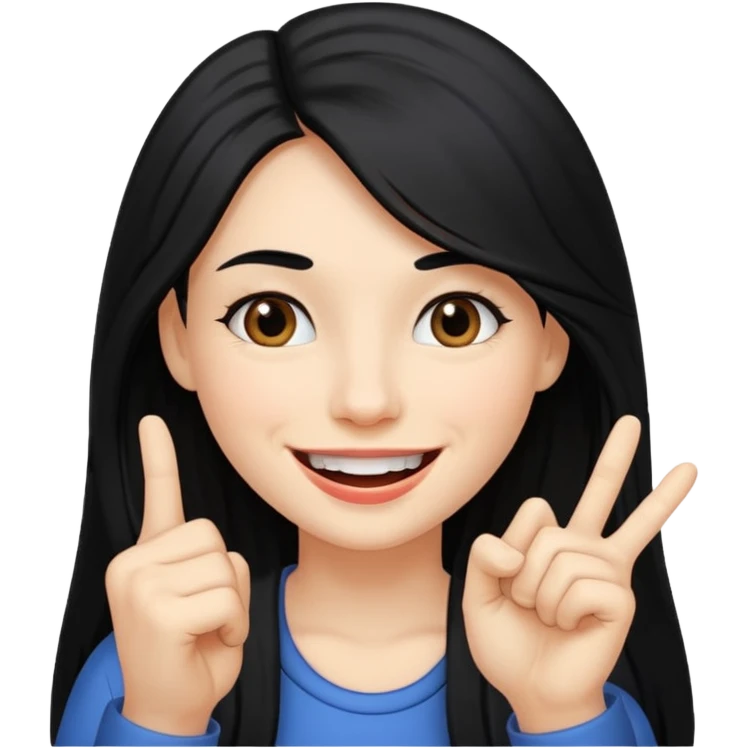 Haz una imagen de una mujer con cabello negro largo , con una sonrisa en su cara y la punta de su dedo indice entre sus dientes emoji