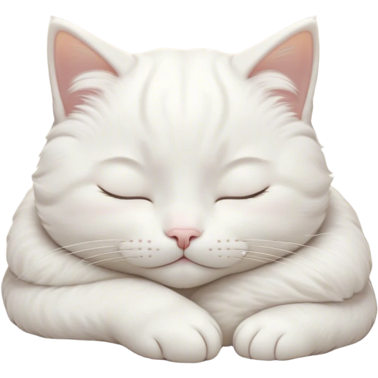 Meme-Worthy Cute Sleeping White Cat Portrait Emoji, Head peacefully tilted with a tender, contented smile and eyes gently closed in serene slumber, featuring a pristine white fur with subtle, delicate silver accents, simplified yet irresistibly adorable, highly detailed, glowing with a soft, drowsy radiance, high shine, exuding calm, heartwarming charm, styled with a gentle, soft glowing outline, capturing the essence of a sleeping white cat that seems destined to become the next viral icon of adorable repose! emoji