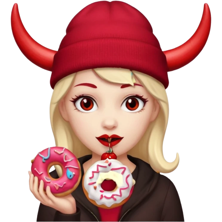 female devil wearing beanies holding donut emoji