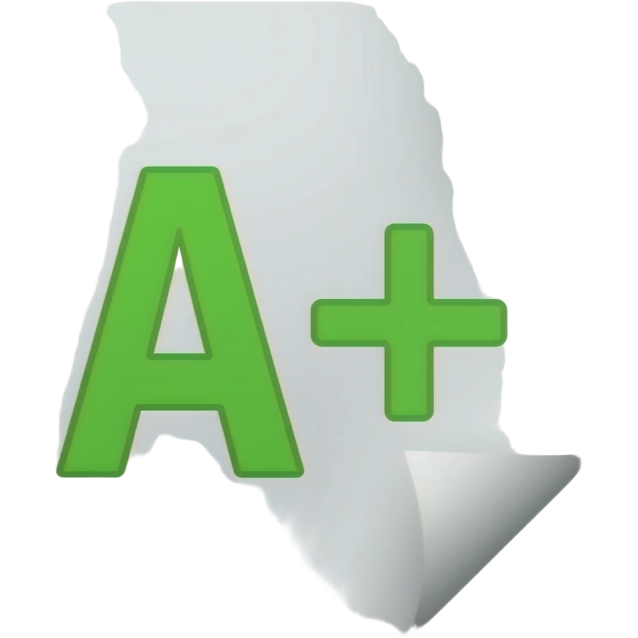 iOS emoji style, glossy 3D emoji, a white paper sheet (homework) with a big "A+" grade in bright green ink, soft rounded edges, clean minimal design, subtle shadows, Apple emoji style, smooth gradients, centered, no background emoji