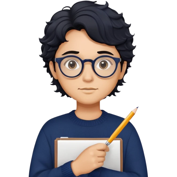 Reliable-looking designer with wavy black hair, round glasses, navy blue sweater, organized, holding pen with competent expression emoji