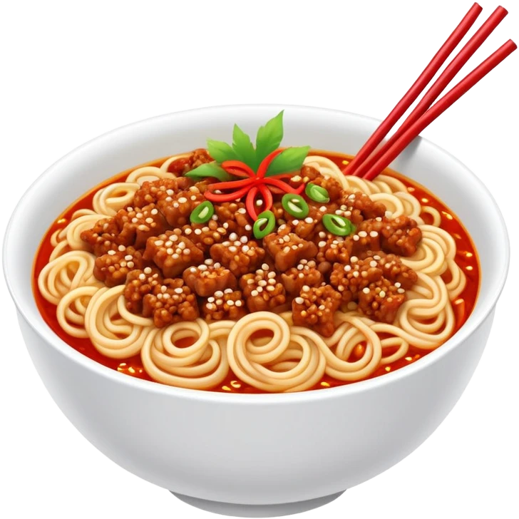 Sichuan Dan Dan Noodles with red chili oil and minced pork, simplified emoji style with bold outlines and bright colors, cartoon style spicy Chengdu street food emoji