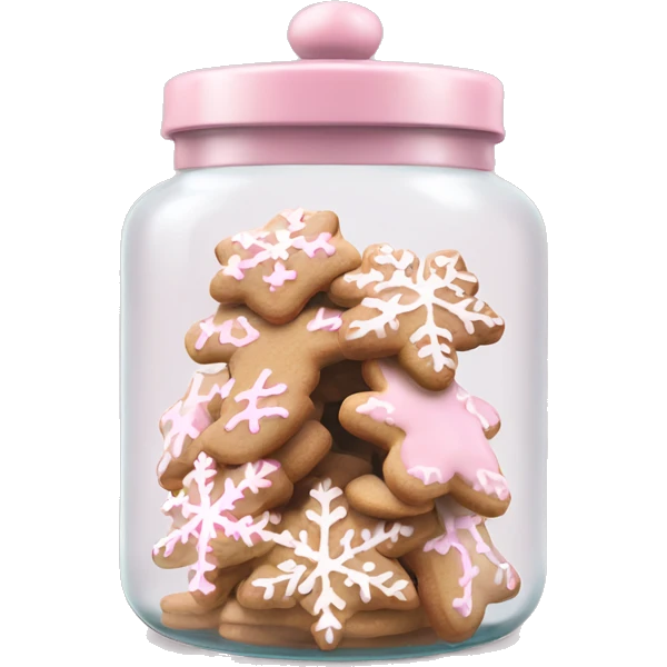 Realistic glass cookie jar with light pink lid full of gingerbread snowflake cookies isolated.  emoji