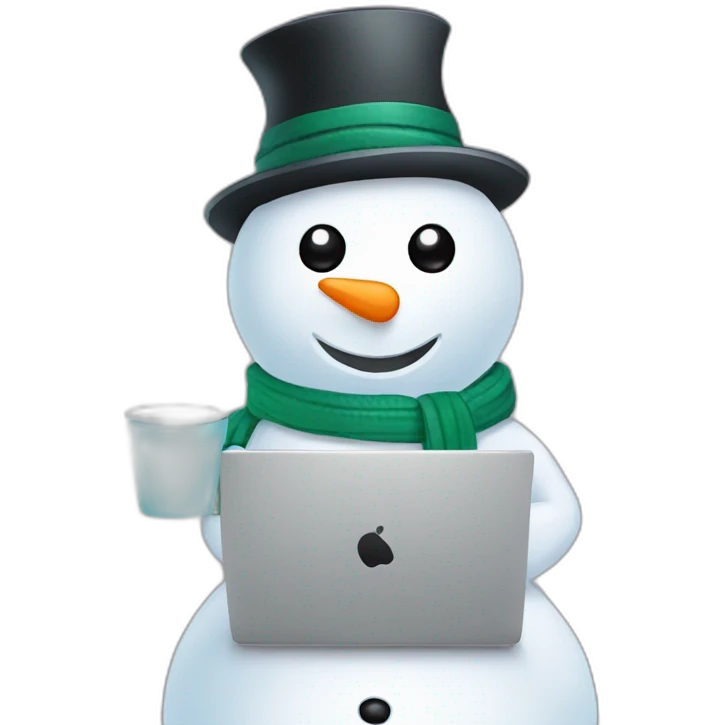 cute female snowman with a laptop holding a coffee mug emoji