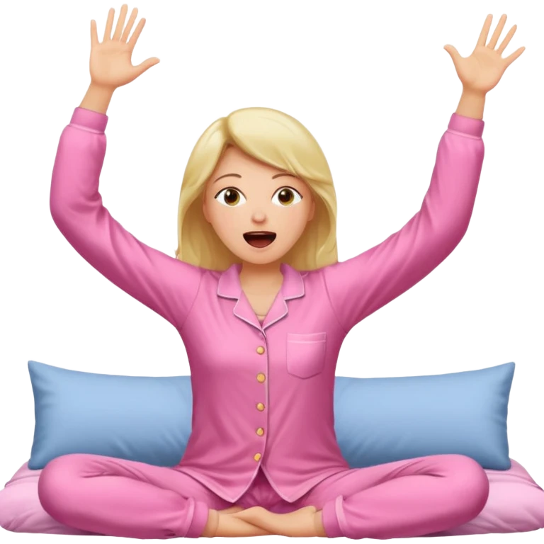 {
      "type": "human",
      "look": "pink pyjama lady, long sleeves, stretching arms",
      "description": "a woman in pink pyjamas stretching her arms after waking up"
    } emoji