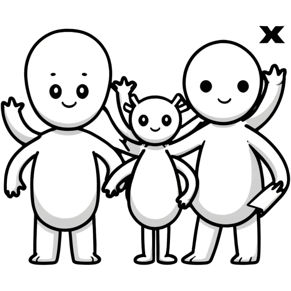 Three cartoon characters: X, 1, and X as individuals with faces and limbs emoji