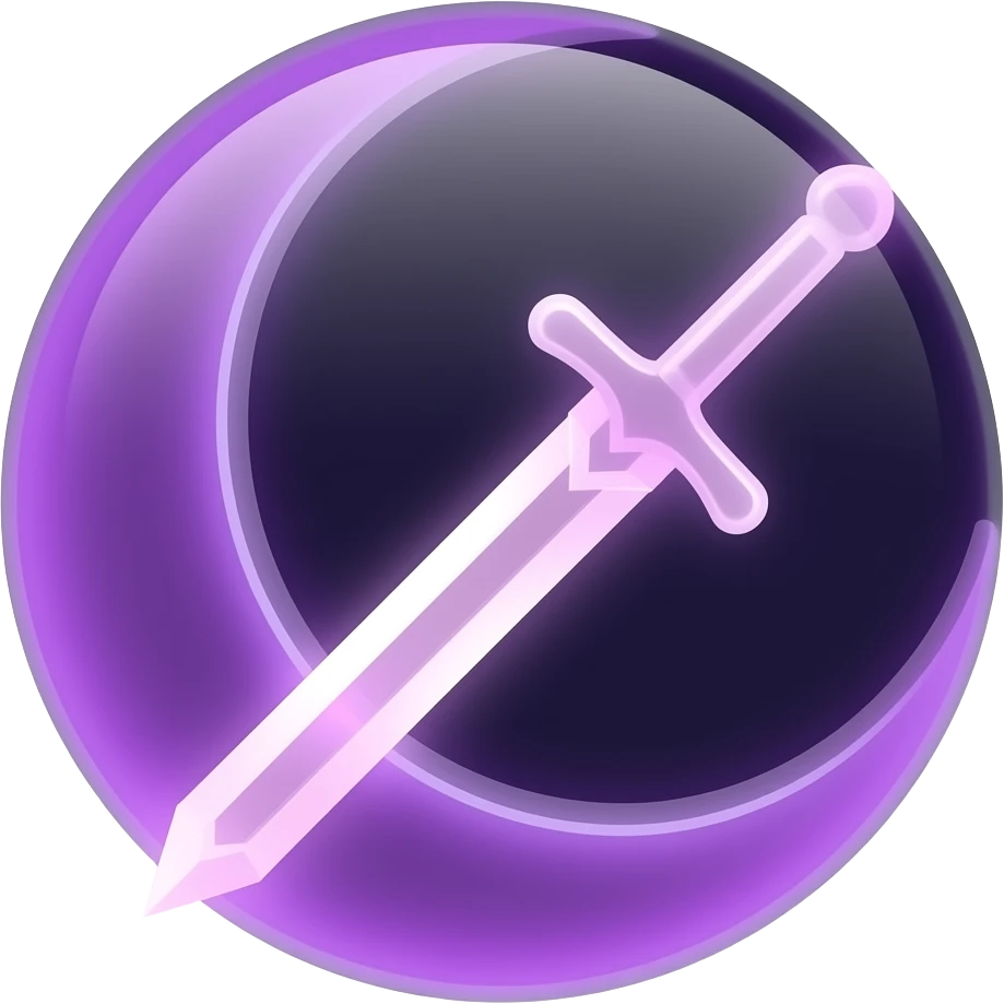 Glowing dark purple detailed crescent moon with an elegant detailed glowing transparent sword, emoji style. Soft violet and pink glow, minimal clean design, smooth edges, subtle lighting, centered, high contrast, emoji