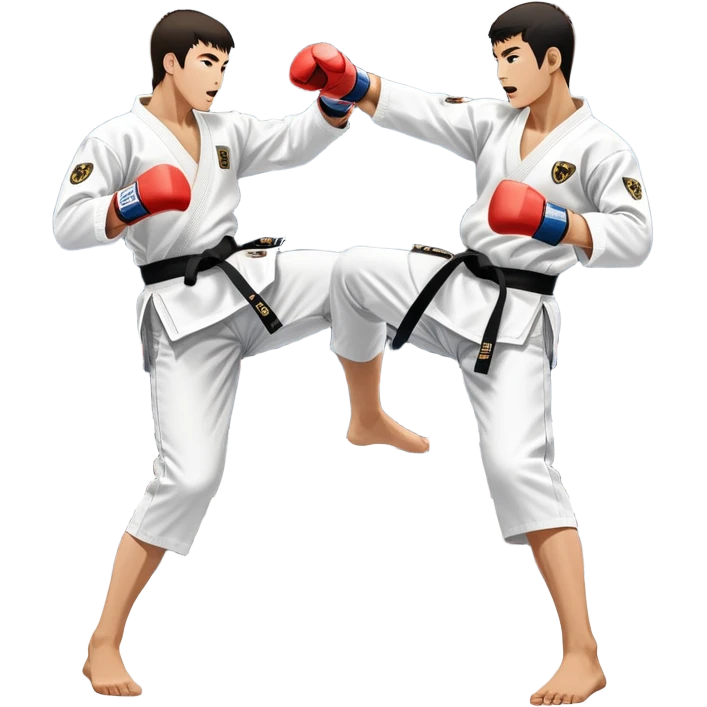 Two taekwondo fighters in traditional white doboks with black belts. One delivers a powerful kick, while the other defends by blocking with his knee. The background shows a professional arena with bright lights and an excited crowd. Transparent background highlights the intense action emoji