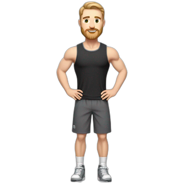 Full height Pale skinned fit man With biceps, Realistic eyes and mouth, light brown hair and stubble In dark gray sleeveless mike, black oversize sports shorts, watch and white sneakers. emoji