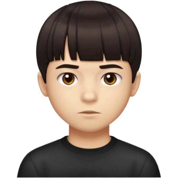 A boy no long hair À emoji that don’t smile Dark brown thick hair, short blunt fringe with straight bangs, a lot more compact textured top, evenly cut front, short tapered sides (not shaved), clean modern haircut, realistic emoji style, neutral expression. emoji