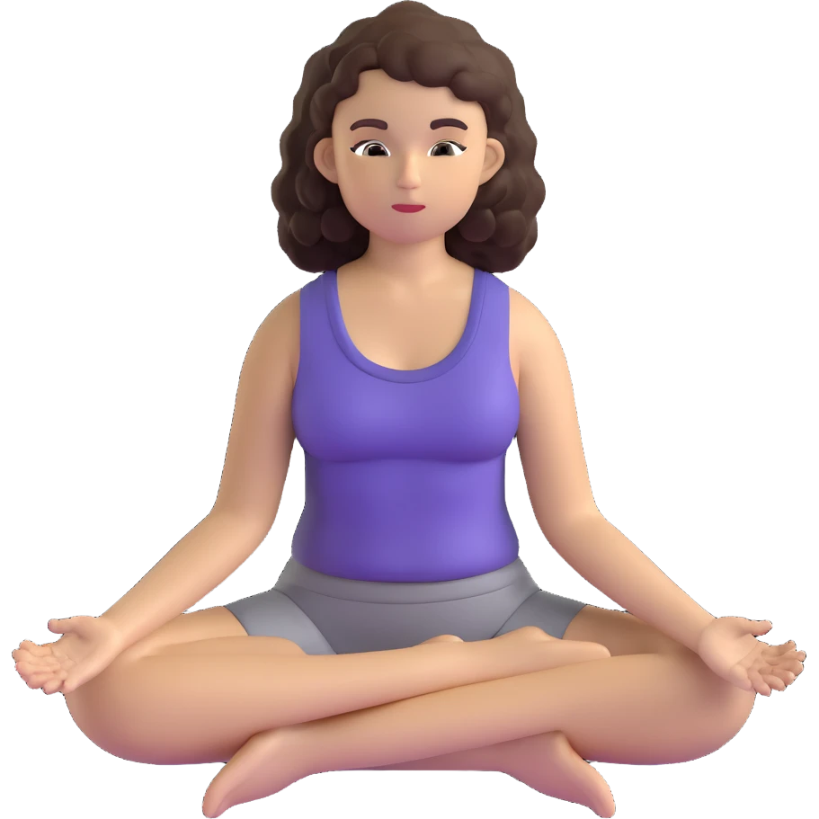 brunette girl with curly hair meditating, sitting cross-legged emoji
