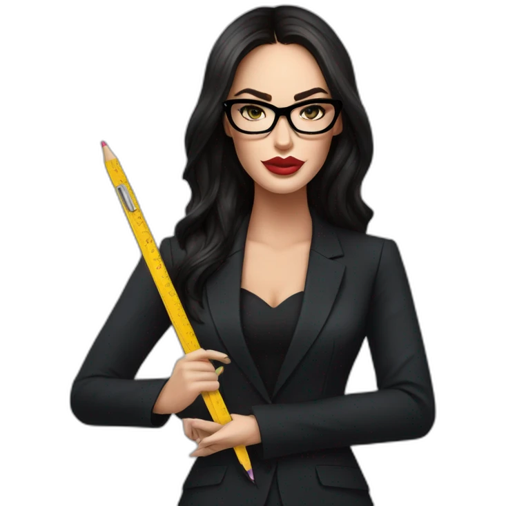 hyper realistic megan fox, wearing black suit and black glasses, holding a ruler emoji