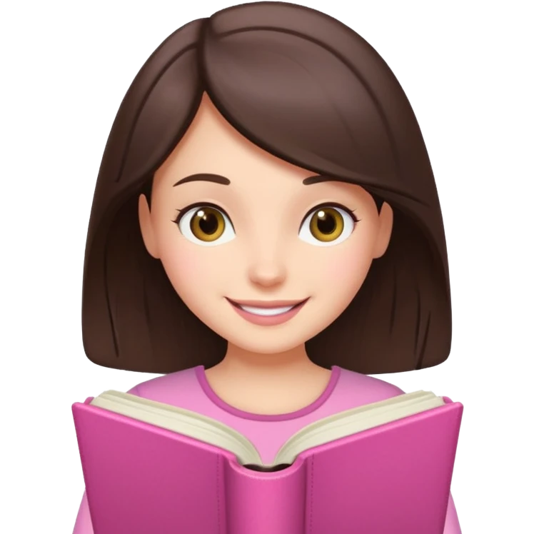 brunette reading a pink book with a smile emoji