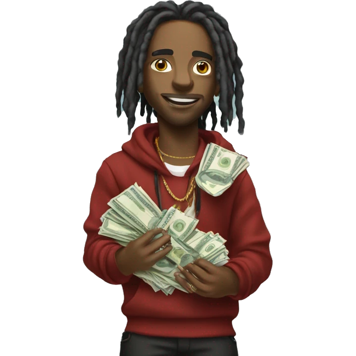 young hustler with dreads holding money with both hands wearing designer clothing  emoji