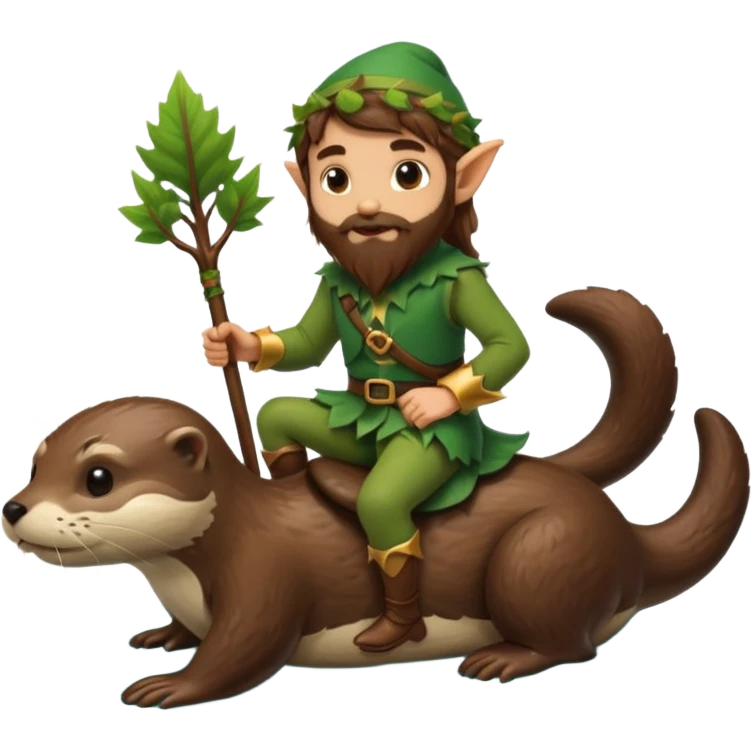 tiny forest elf man long brown hair beard riding an otter emoji