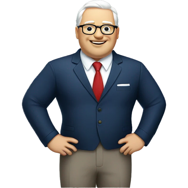 A fat man, white hair, with glasses, no beard, smiling with teeth, and wearing a navy blue suit and red tie emoji