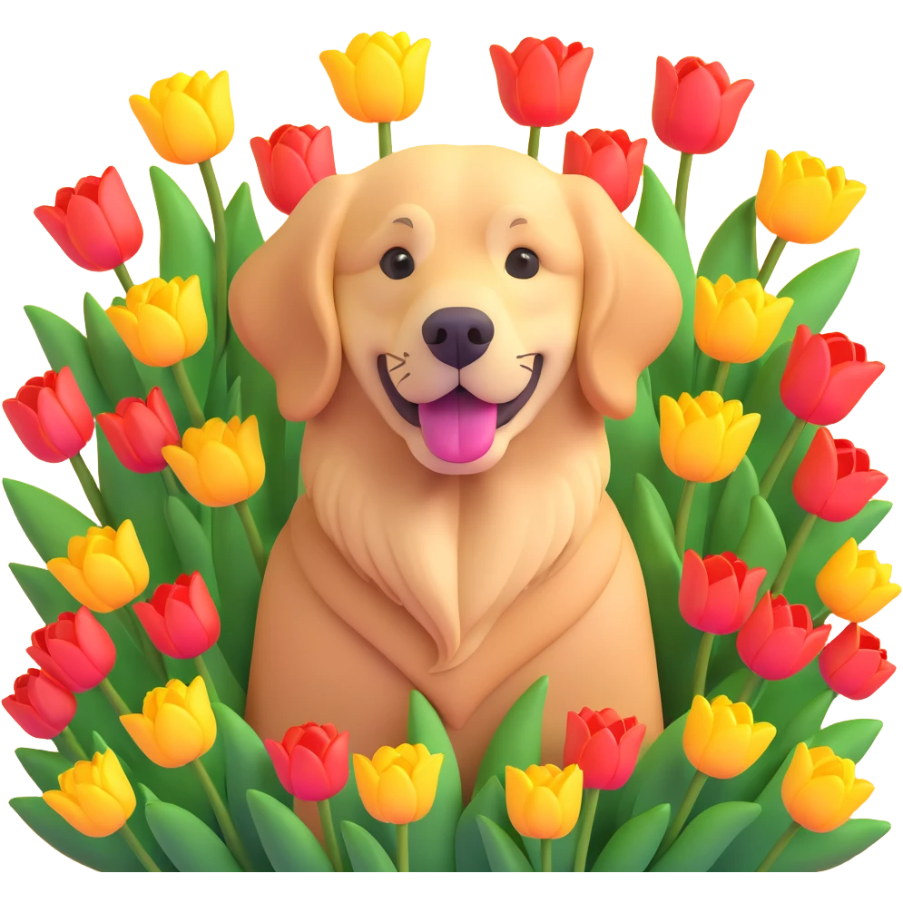 golden retriever surrounded by tulips emoji
