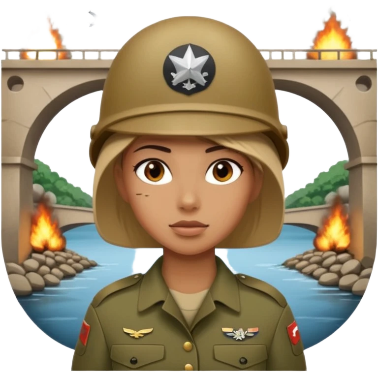 Female full confidence soldier covering under a bridge, with shelling happening all around emoji