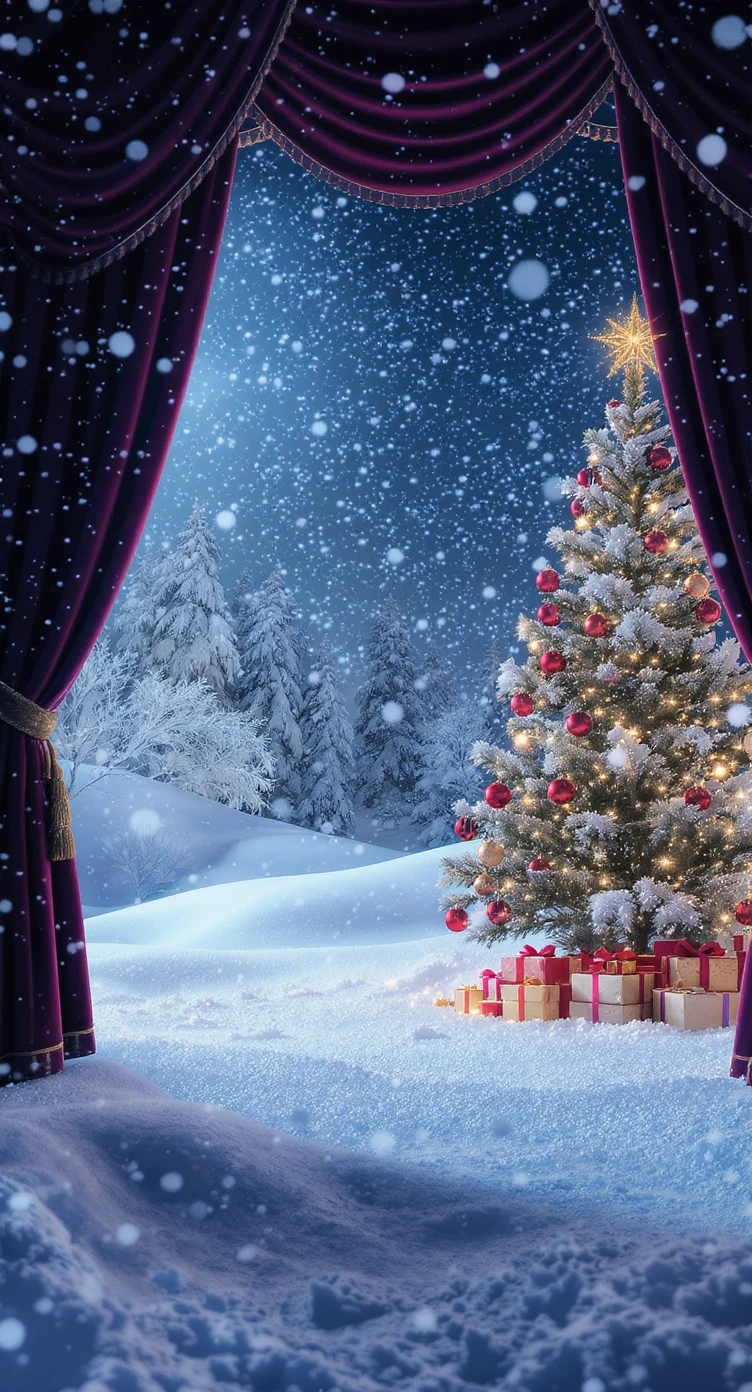 Cinematic still of a winter landcape, snowy stage, next to stage christmas tree in snow, in background we can see beautifull snowy landscape, soft light, symmetrical emoji