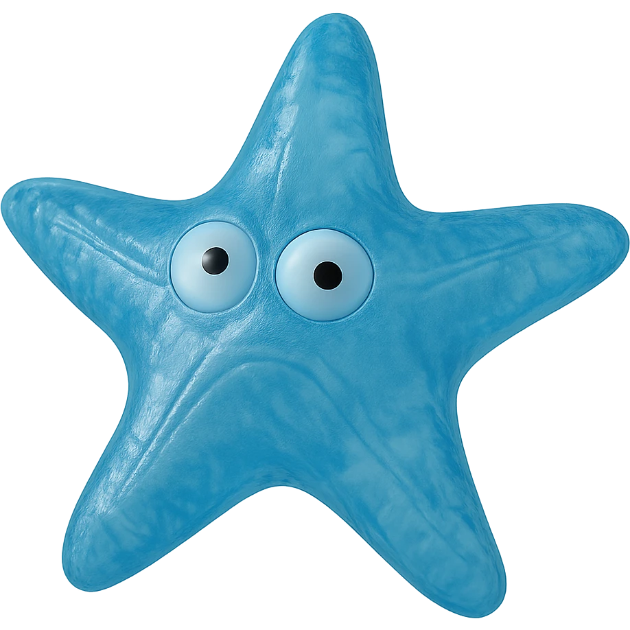 hyper-detailed retro 90's toy style see-through semi-transparent blue plastic starfish with derpy eyes soft plastic soft reflections soft and squishy some cloudiness not shiny highly detailed appealing no tag no background emoji