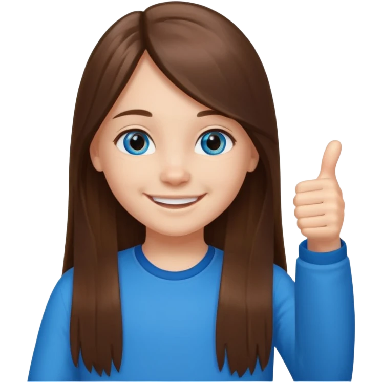 11 year old girl, blue eyes, brown long ish straight hair, smile and two thumbss up emoji