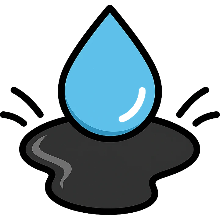 water droplet sliding on glossy black mirror-like paint, main color glossy black, subtle repellent effect with water lines moving away, modern and clean icon emoji
