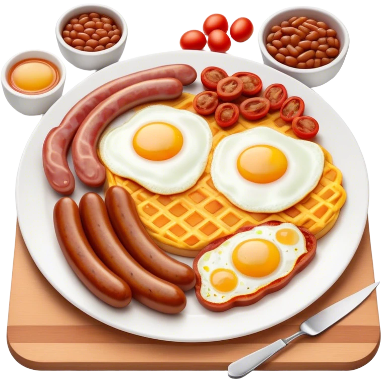 Cinematic Realistic English Breakfast Dish Emoji, showcasing a hearty ensemble of eggs, bacon, sausages, baked beans, and grilled tomatoes rendered with lifelike texture and vibrant, appetizing detail that exudes comforting tradition. emoji