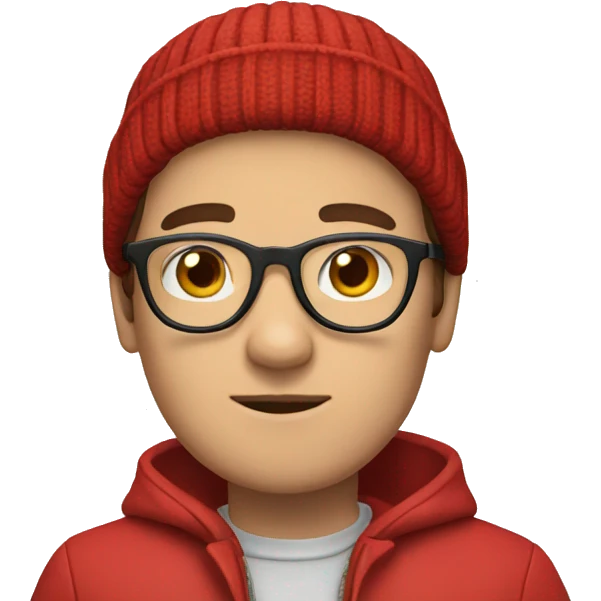 a hipster with short brown hair, glasses, a beanie, with a red jacket on emoji