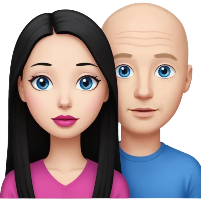 Bald white man blue eyes in love with Filipina woman with long hair and dark eyes and pink lips emoji
