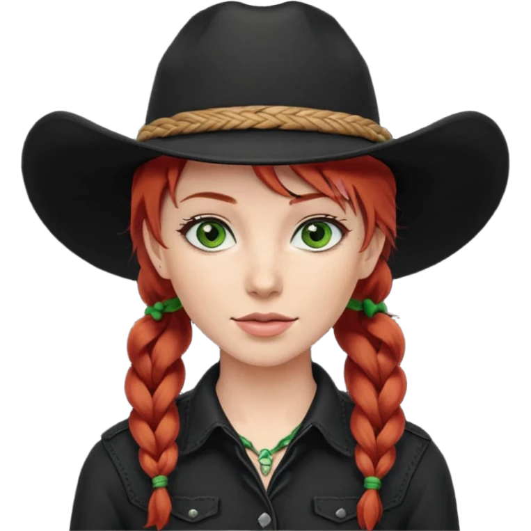 cowgirl with red hair green eyes black hat one braid in hair over right shoulder emoji