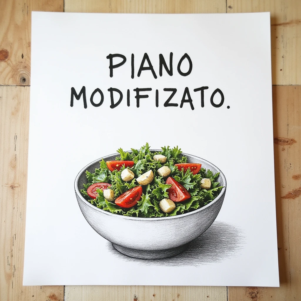white sheet of paper with the text 'PIANO MODIFICATO' and a hyperrealistic 4K drawing of a bowl of salad, no background emoji