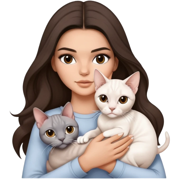 brunette Kendall Jenner with long hair holding on the hands a british white cat and a grey Sphynx emoji