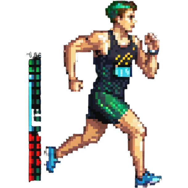 Pixelated athlete running with oxygen level indicator above head, fitness measurement emoji
