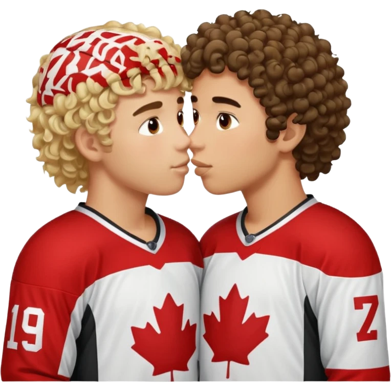 Straight Dark hair boy hockey player kissing curly hair blonde hockey player boy emoji