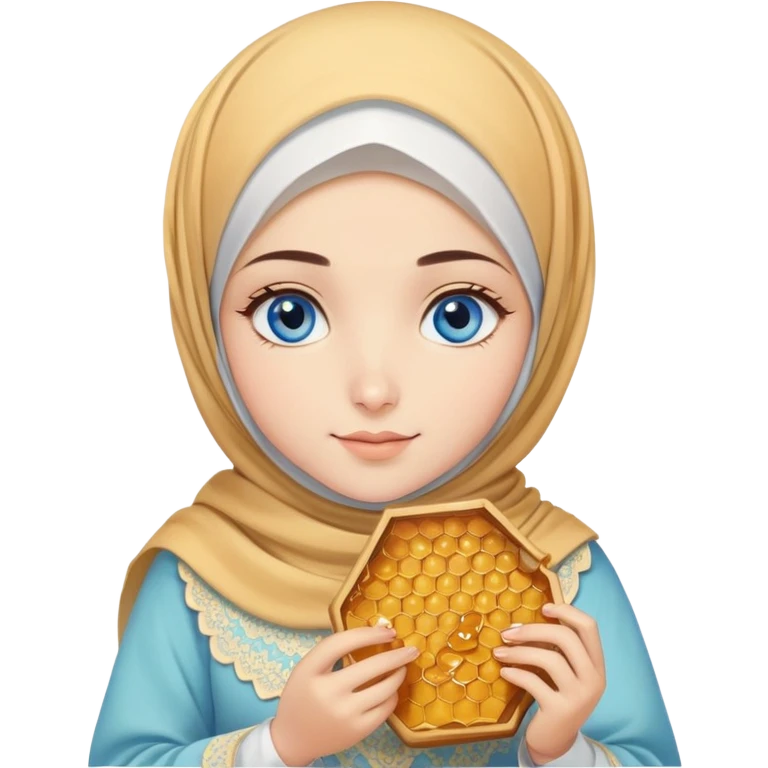 Turkish beautiful finish Konya girl blue eyes with honeycomb pastel hijab islamic dress and had on her hand honey emoji