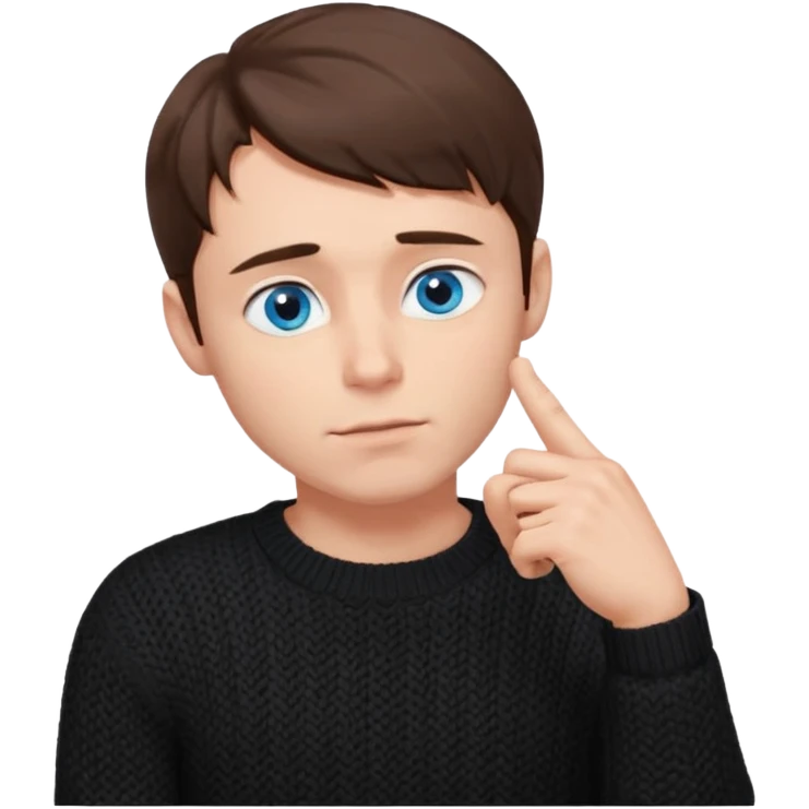 man in black knitted sweater in thinking pose, blue eyes brown hair, index finger touching his chin, eyes looking up to the top right emoji