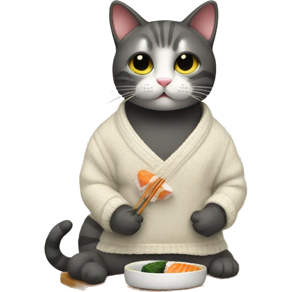 A cat wearing a sweater eating sushi  emoji