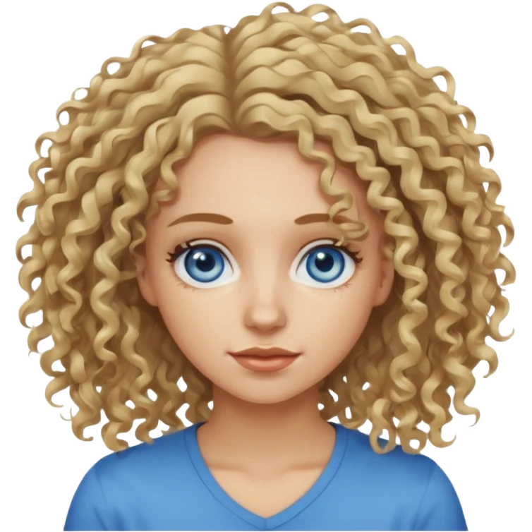This is a 2D digital anime-style portrait of a female, caucasian, 29 years old light skin. The person has messy dirty blond curly hair, round blue eyes.  emoji