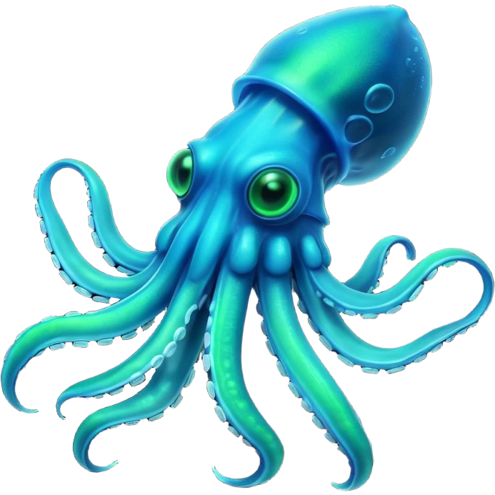 3D render of Deep Sea Squid, bioluminescent deep sea style, glowing neon blue and green lights, dark background to contrast the glow, translucent organic textures, more emision. emoji