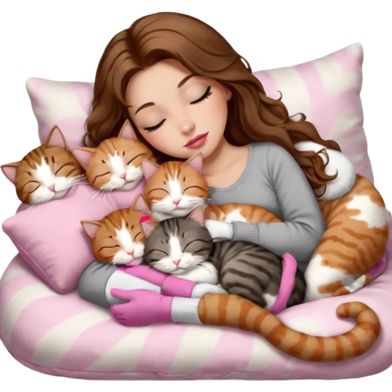 girl with long wavy brown hair, brown eyes, long lashes makeup, sexy pink lips, light to medium complexion,  sleeping on a cozy pillow, with 6 cats: 1 brown and white tabby cat, 1 ginger and white, 2 grey and white, 1 grey with white mittens and small white patch on chest and 1 calico, sleeping emoji