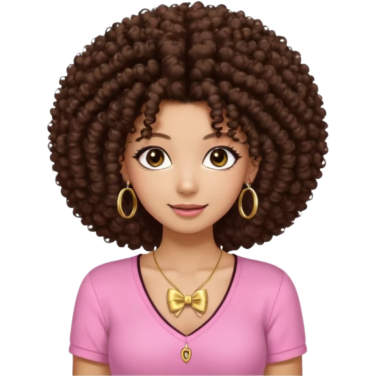 Naturally tan skin girl short darkBrown curly afropink shirt very long lashes hoop gold earrings Brown eyes gyaru smiling closed mouth cute bow hairclip small on the side. V neck pink shirt. Teenager bow on shirt, cleavage emoji