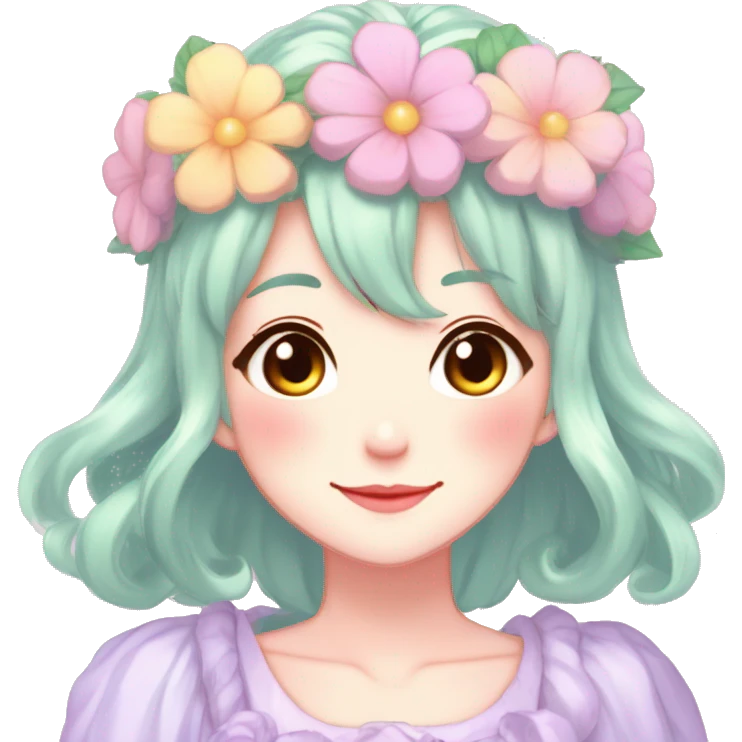 Gorgeous Shiny Colorful Pastel Anime Style Mature Lady with blushing face and pretty hair with a flower crown pastelcore kawaii cottagecore fairycore aesthetic trending style emoji