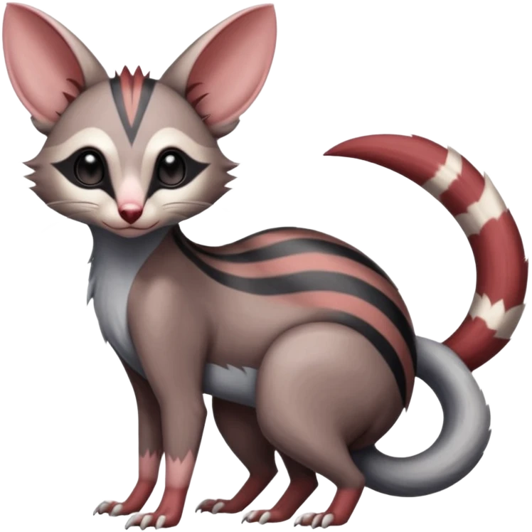Minccino-Opossum-Numbat-Lykoi-Sphynx-Zangoose-fusion-hybrid-animal-Fakémon-creature, full body, thin long sleek scaly tail, intricate markings emoji