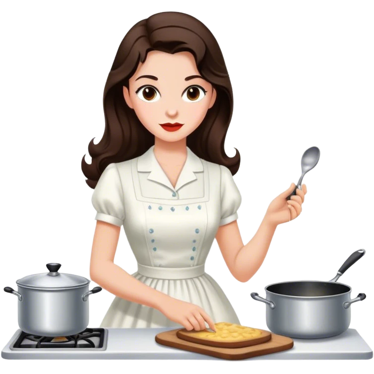 Beautiful woman in 1950’s woman fashion look, white dress, long dark brown hair, cooking emoji